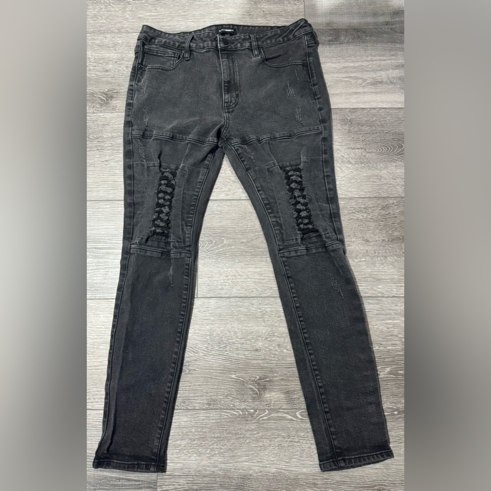 men black denim skinny jeans pants 38 ripped torn distressed fn